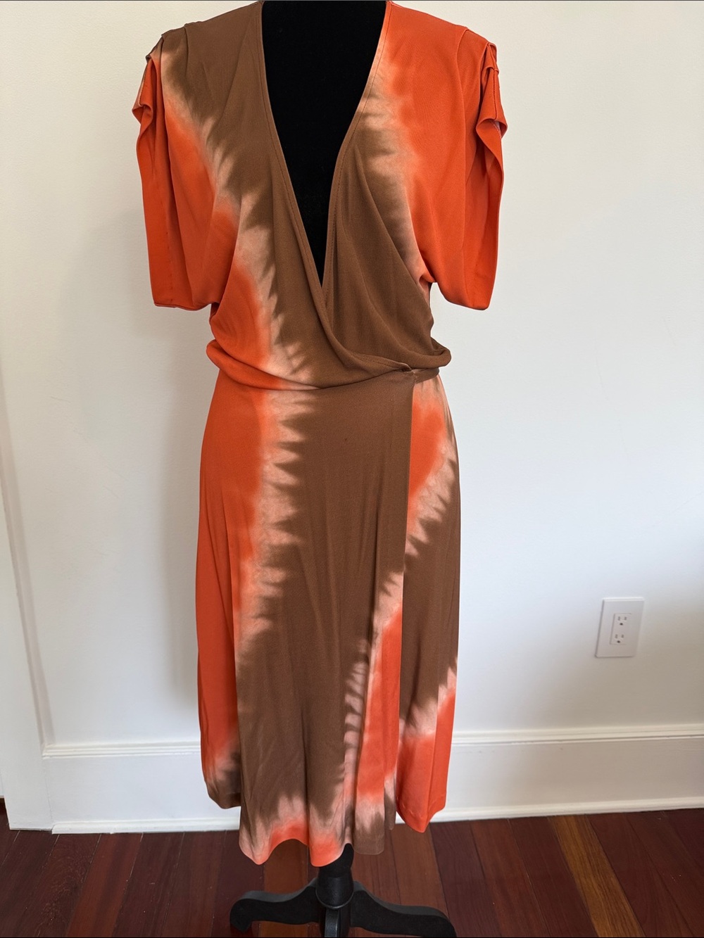 Orange and Brown Tie-Dye V-Neck Wrap Dress